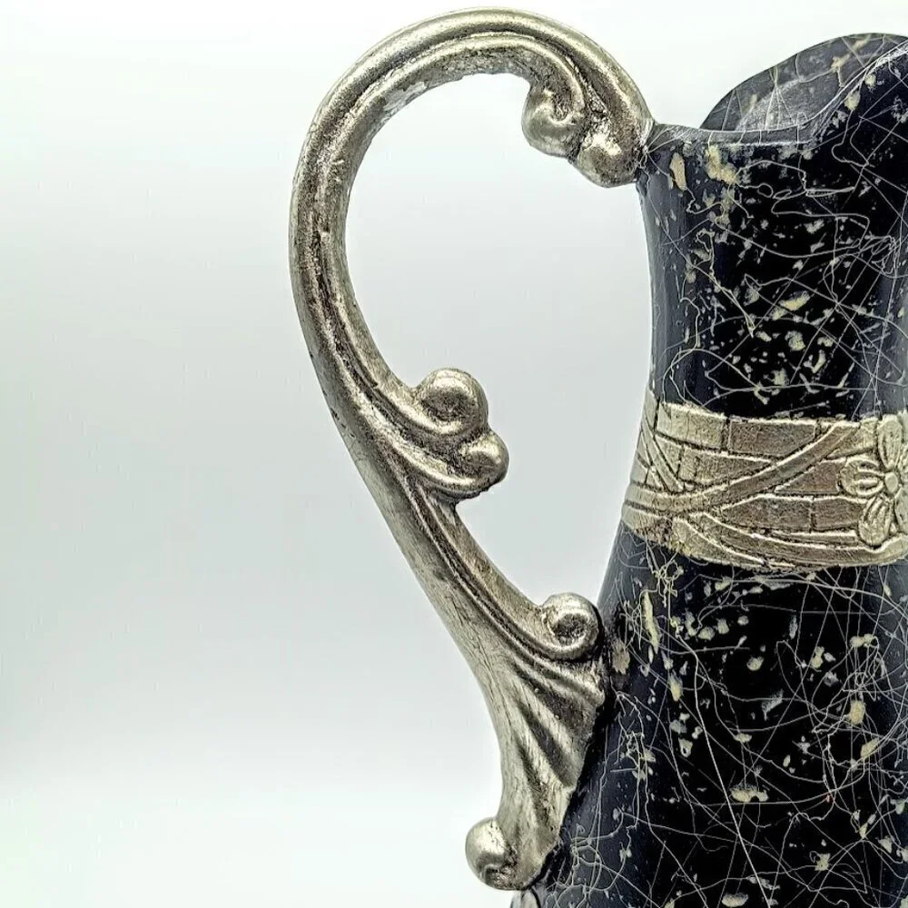 Vintage Black Ceramic Silver Metallic Tall Pitcher Vase - Picture 6 of 10
